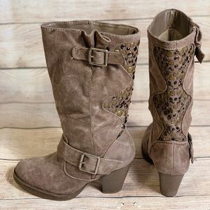 Mid Calf Gray Faux Suede Boot